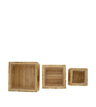 Planter square reclaimed wood with plastic 25x25x12cm S/3