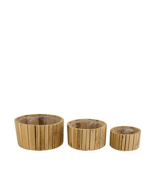 Planter round reclaimed wood with plastic 26x26x12.5cm S/3