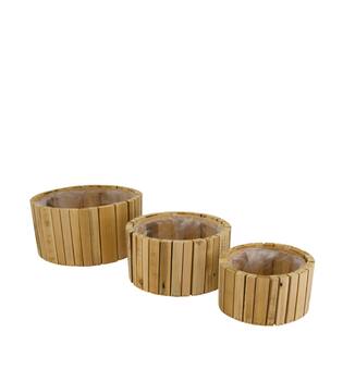Planter round reclaimed wood with plastic 26x26x12.5cm S/3