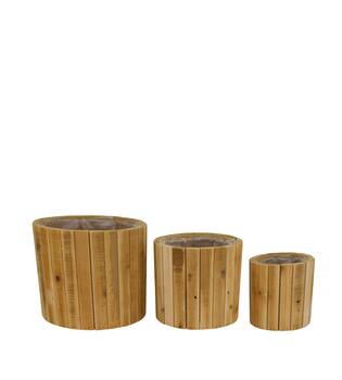 Planter round reclaimed wood with plastic 23.5x23.5x20cm S/3