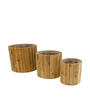 Planter round reclaimed wood with plastic 23.5x23.5x20cm S/3