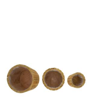Planter round reclaimed wood with plastic 23.5x23.5x20cm S/3