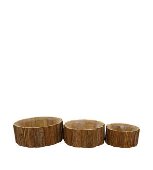 Planter round fir wood with plastic 28x28x11cm S3 - Natural