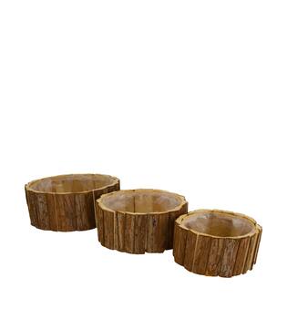 Planter round fir wood with plastic 28x28x11cm S3 - Natural