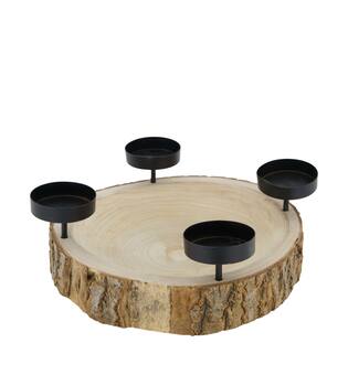 Pillar candle holder bark paulownia wood with metal cup 28x28x5cm - Natural