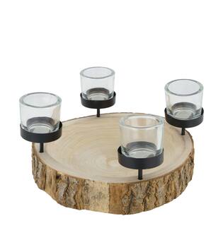 Pillar candle holder bark paulownia wood with metal cup 28x28x5cm - Natural