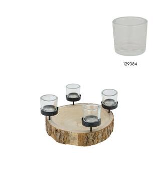 Pillar candle holder bark paulownia wood with metal cup 28x28x5cm - Natural