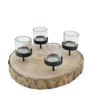 Pillar candle holder paulownia wood with metal cup 28x28x5cm - Natural
