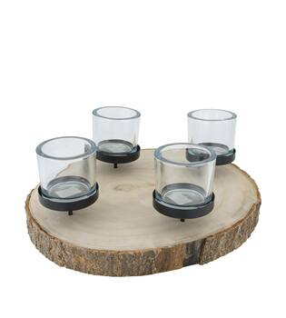 Pillar candle holder paulownia wood with metal cup 38x38x9cm - Natural