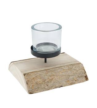 Pillar candle holder paulownia wood with metal cup 23x23x5cm - Natural