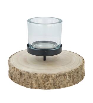 Pillar candle holder paulownia wood with metal cup 20x20x4cm - Natural