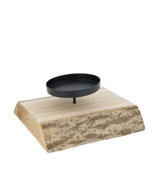 Pillar candle holder paulownia wood with metal cup 19x19x5cm - Natural