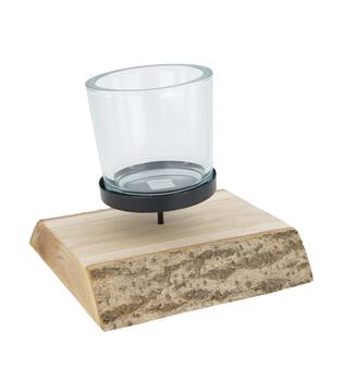 Pillar candle holder paulownia wood with metal cup 19x19x5cm - Natural
