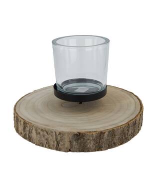 Pillar candle holder paulownia wood with metal cup 28x28x4cm - Natural