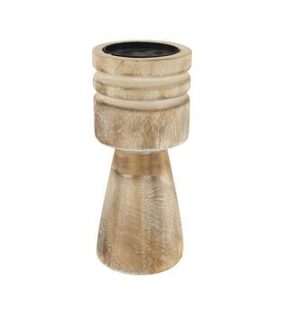 Pillar candle holder paulownia wood with metal cup 12x12x28cm - Brown