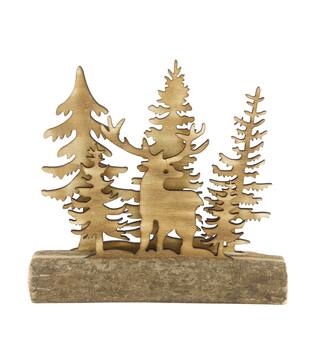 Figurine tree deer poplar wood on stand 25x5x24cm - Natural