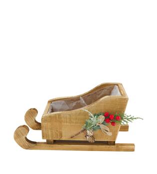 Planter sleigh historic wood with plastic 35.5x14.5x17cm - Natural