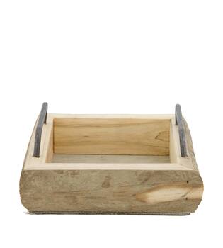 Tray square historic wood with handle 16x16x7cm - Natural
