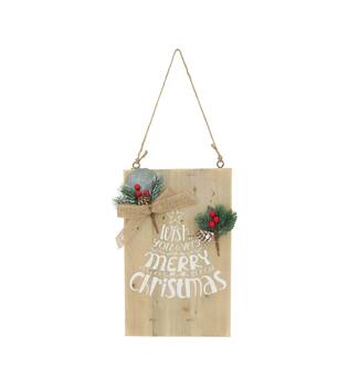 Sign wish you a very merry christmas historic wood with hanger 28x18x1.5cm - Natural
