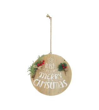 Sign round wish you a very merry christmas historic wood with hanger 28x28x1.5cm - Natural