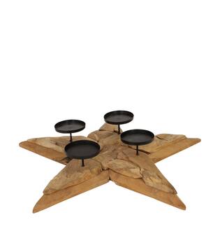 Pillar candle holder star erosion wood 78x78x14cm - Natural
