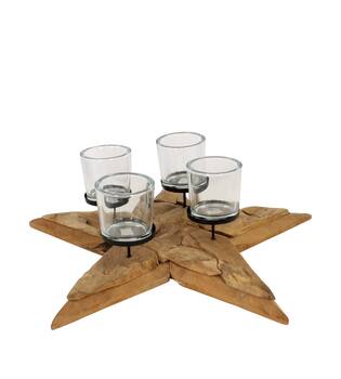 Pillar candle holder star erosion wood 78x78x14cm - Natural