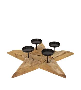Pillar candle holder star erosion wood 58x58x12cm - Natural