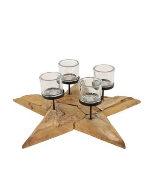 Pillar candle holder star erosion wood 58x58x12cm - Natural