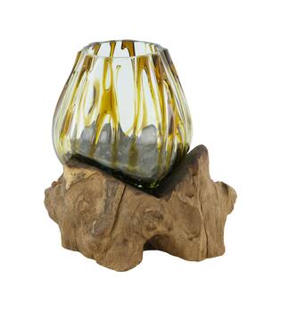 Root teak wood with glass 18x16x14cm - Brown