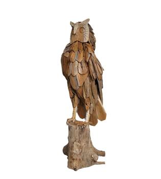 Statue hibou bois de teck 30x30x78cm naturel