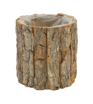 Planter round poplar wood with plastic 15x15x15cm - Natural