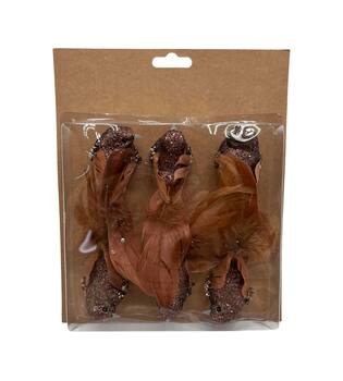 Bird fabric on clip 14x4x3cm 6pc - Brown