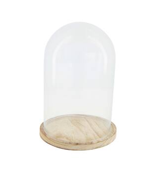 Bell round with paulownia wood base glass 17x17x25cm - Transparent
