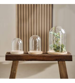 Bell round with paulownia wood base glass 17x17x25cm