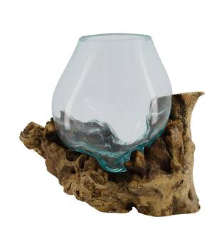 Root teak wood with glass 28x22x26cm - Natural