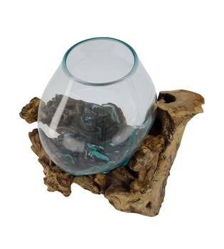 Root teak wood with glass 28x22x26cm - Natural