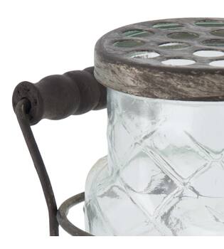 Vase round with lid in metal basket glass 14x8.5x18cm