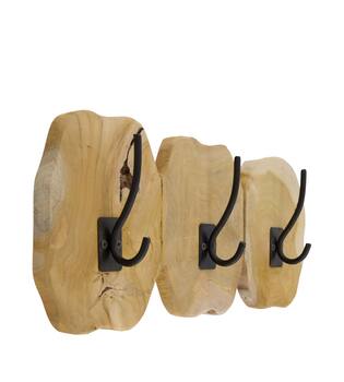 Coat rack slice teak wood with 3 hooks 46x10x20cm - Natural