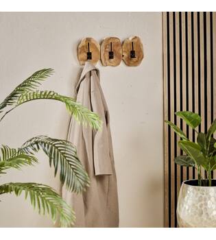 Coat rack slice teak wood with 3 hooks 46x10x20cm