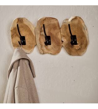 Coat rack slice teak wood with 3 hooks 46x10x20cm