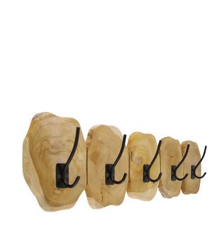 Coat rack slice teak wood with 5 hooks 78x10x20cm - Natural