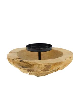 Bowl round teak wood with candle holder 20x20x8cm - Natural