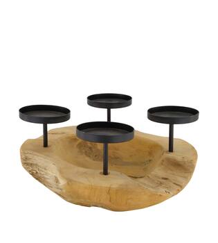 Bowl teak wood with candle holders 30x30x15cm - Natural