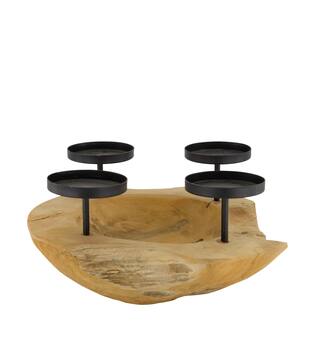 Bowl teak wood with candle holders 30x30x15cm - Natural