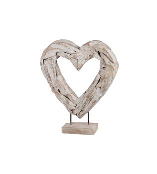Heart open erosion wood on stand 58x15x70cm - White