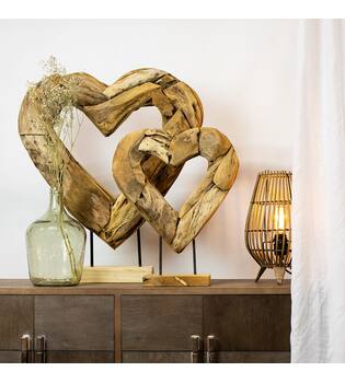 Statue heart open erosion wood on stand 58x15x70cm - Natural