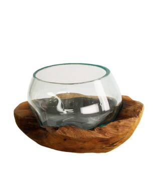 Bol decoratif Tomar - Verre avec bois - 20x20x13 cm - Marron