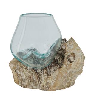 Root washed teak wood with glass 18x13x18cm - White