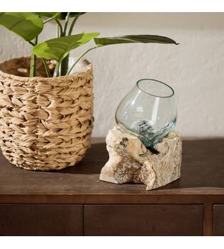 Root washed teak wood with glass 18x13x18cm - White