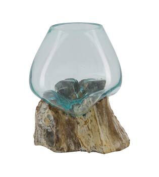 Root washed teak wood with glass 28x22x26cm - White